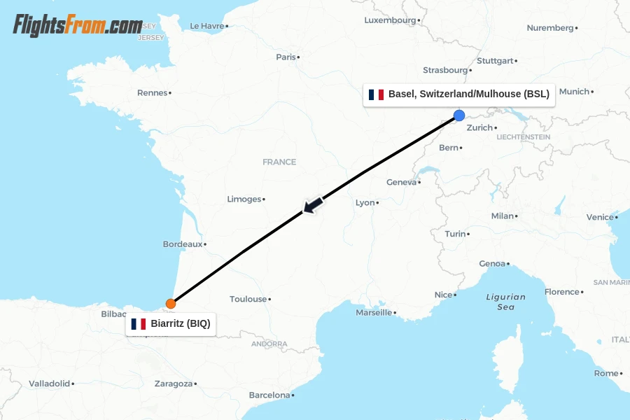 Flights from Basel, Switzerland/Mulhouse to Biarritz route map