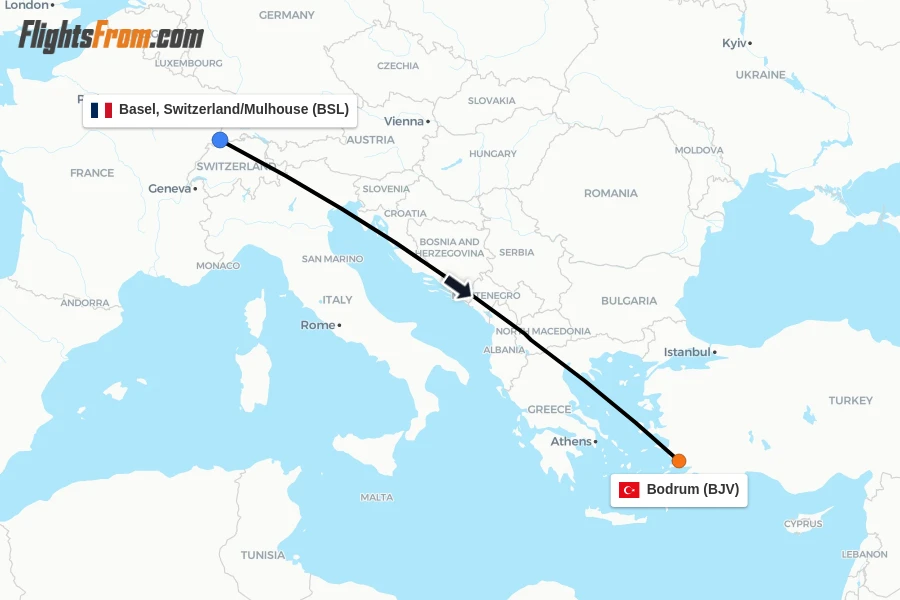 Flights from Basel, Switzerland/Mulhouse to Bodrum route map