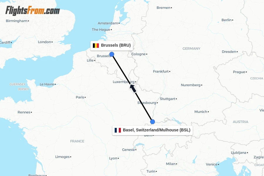 Flights from Basel, Switzerland/Mulhouse to Brussels route map