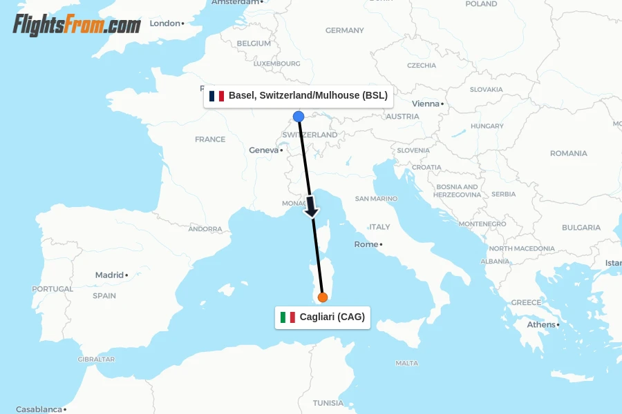 Flights from Basel, Switzerland/Mulhouse to Cagliari route map