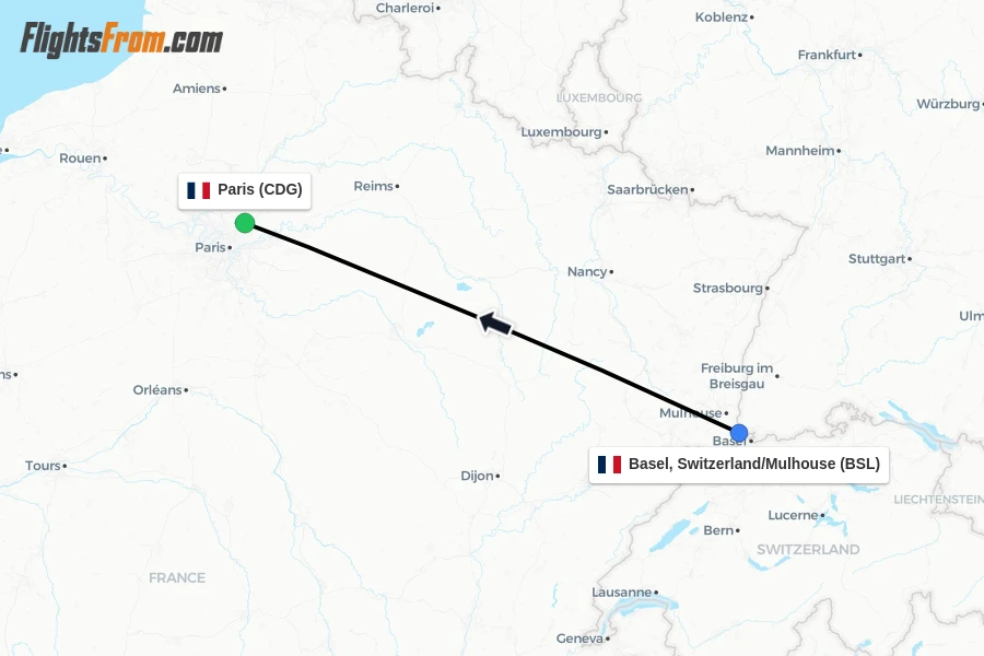 Flights from Basel, Switzerland/Mulhouse to Paris route map
