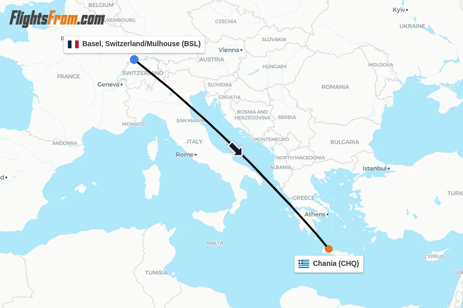 Flights from Basel, Switzerland/Mulhouse to Chania route map