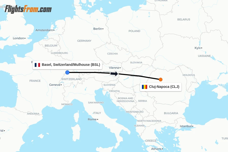 Flights from Basel, Switzerland/Mulhouse to Cluj-Napoca route map