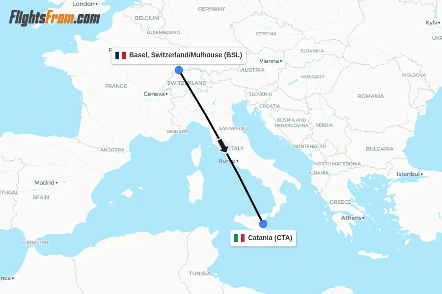 Flights from Basel, Switzerland/Mulhouse to Catania route map