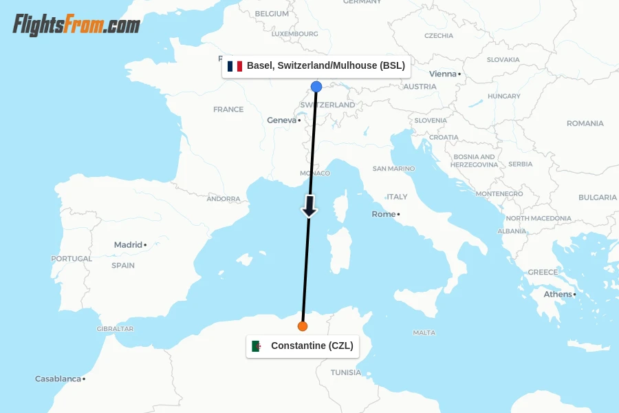 Flights from Basel, Switzerland/Mulhouse to Constantine route map