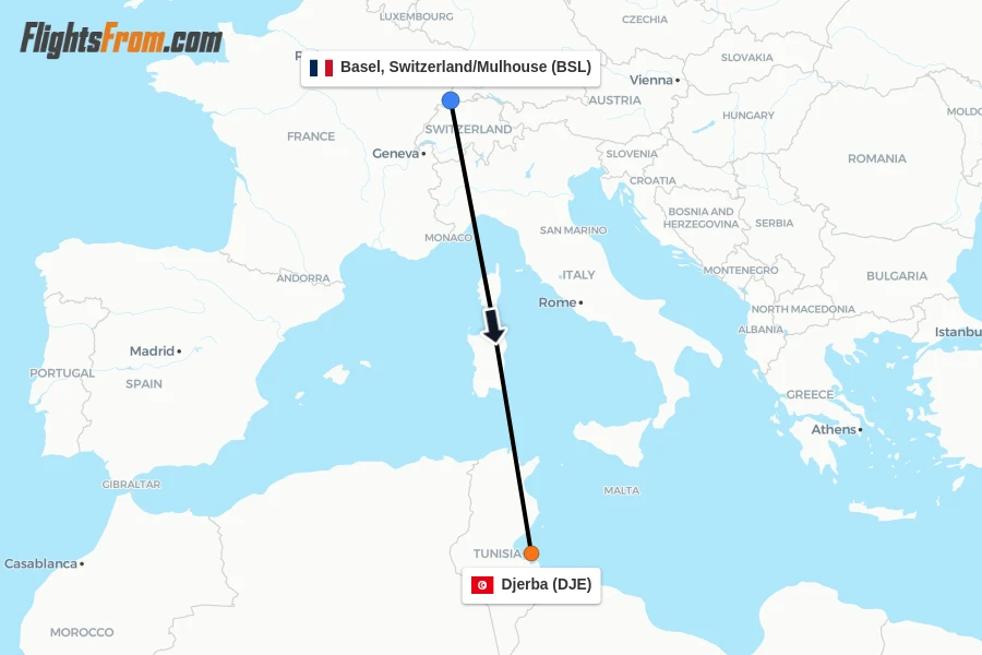Flights from Basel, Switzerland/Mulhouse to Djerba route map