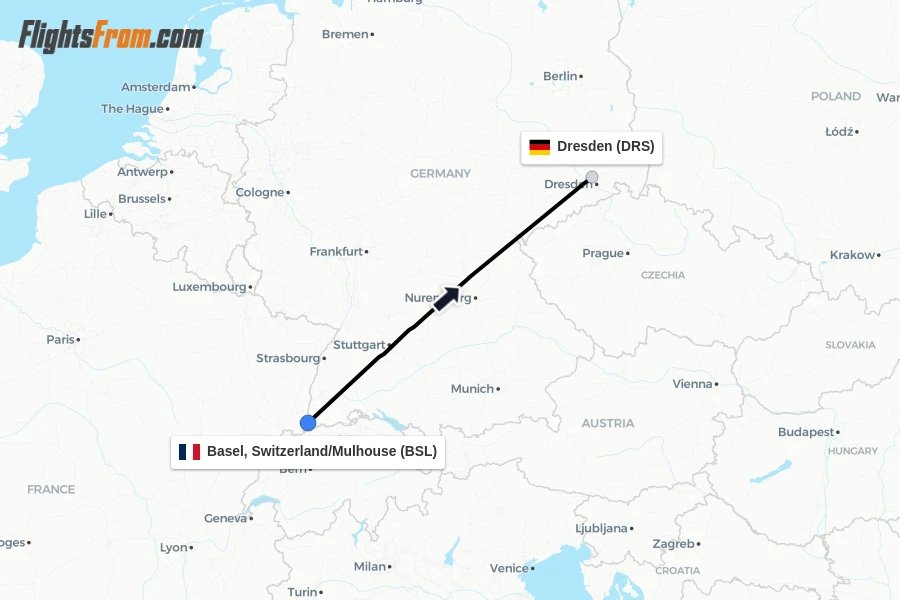 Flights from Basel, Switzerland/Mulhouse to Dresden route map