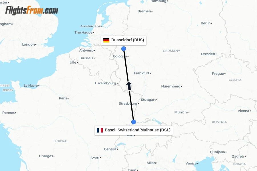 Flights from Basel, Switzerland/Mulhouse to Dusseldorf route map