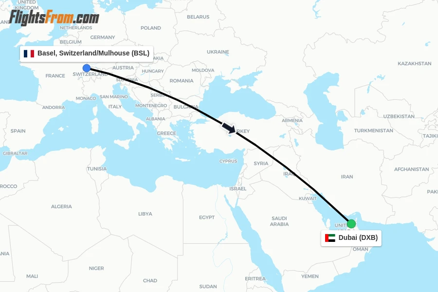 Flights from Basel, Switzerland/Mulhouse to Dubai route map