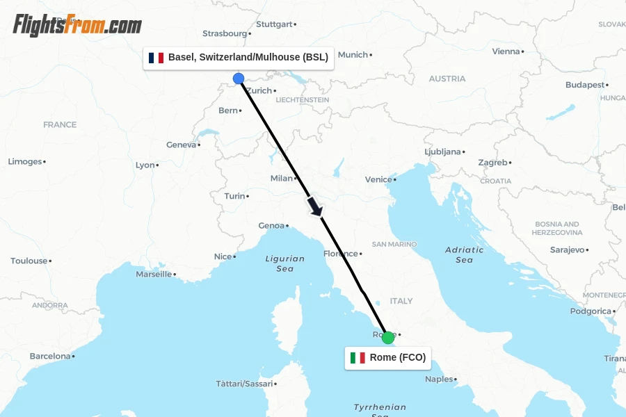 Flights from Basel, Switzerland/Mulhouse to Rome route map