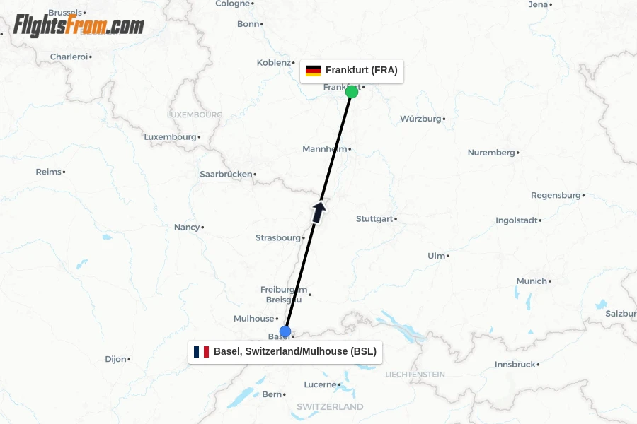 Flights from Basel, Switzerland/Mulhouse to Frankfurt route map