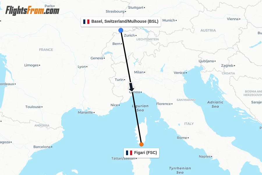 Flights from Basel, Switzerland/Mulhouse to Figari route map