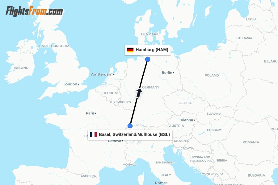 Flights from Basel, Switzerland/Mulhouse to Hamburg route map