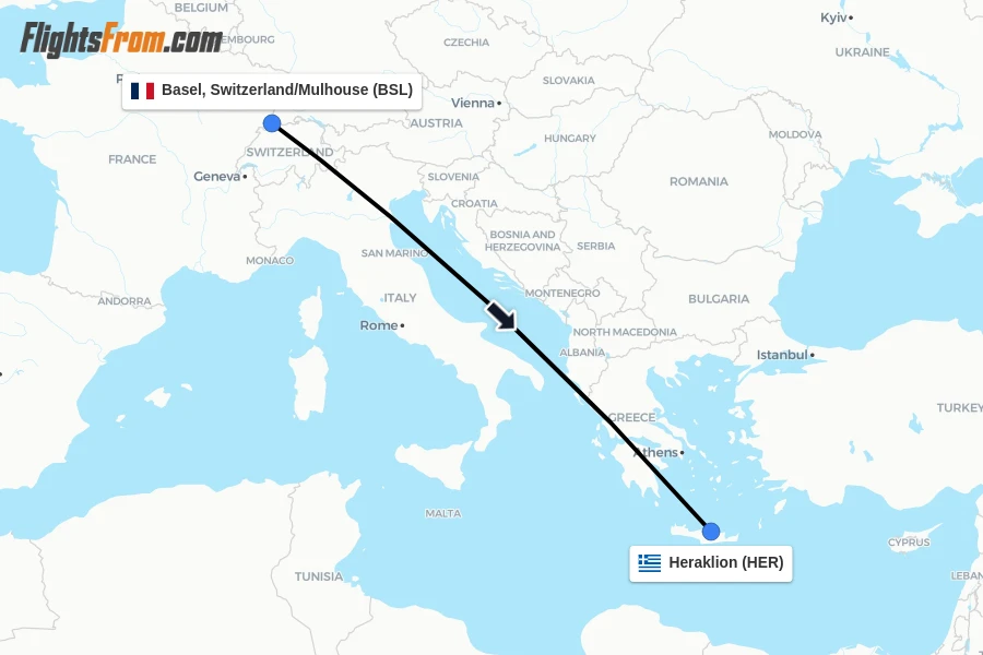 Flights from Basel, Switzerland/Mulhouse to Heraklion route map