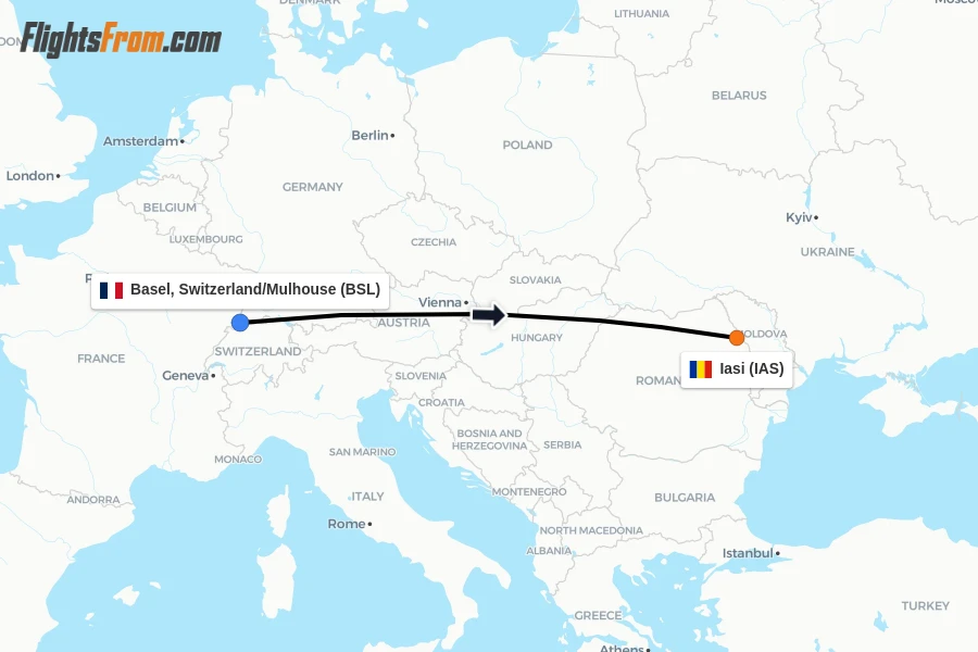Flights from Basel, Switzerland/Mulhouse to Iasi route map