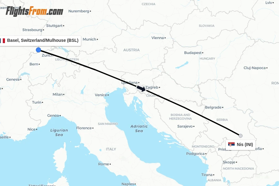 Flights from Basel, Switzerland/Mulhouse to Nis route map