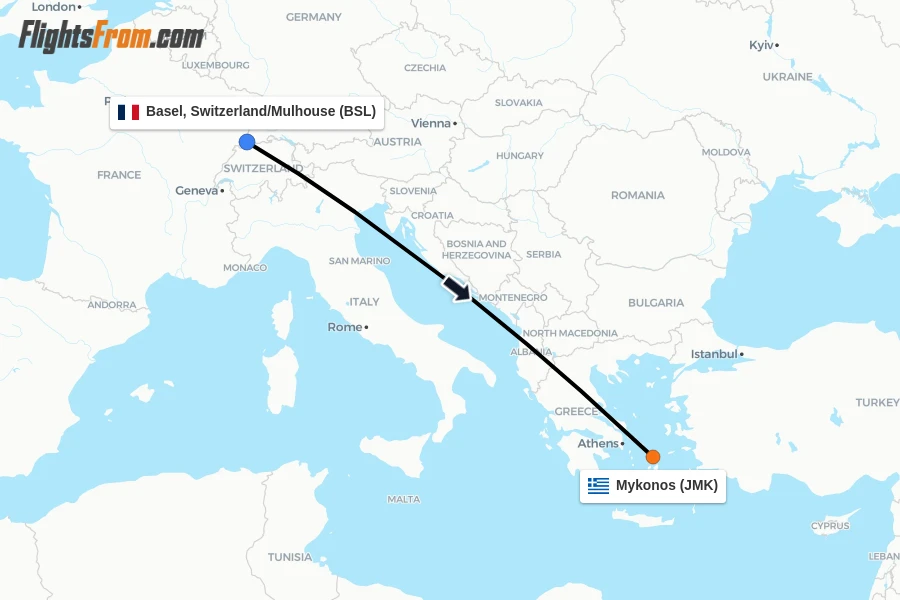 Flights from Basel, Switzerland/Mulhouse to Mykonos route map