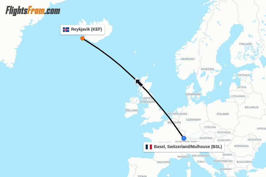 Flights from Basel, Switzerland/Mulhouse to Reykjavik route map
