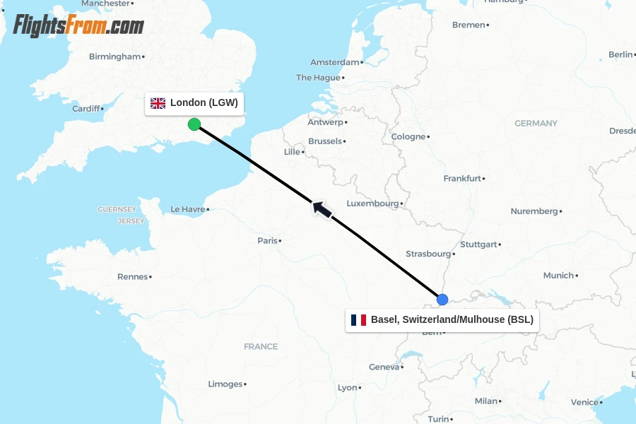 Flights from Basel, Switzerland/Mulhouse to London route map