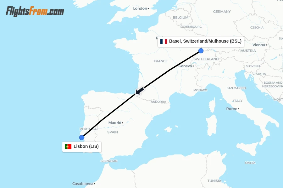 Flights from Basel, Switzerland/Mulhouse to Lisbon route map