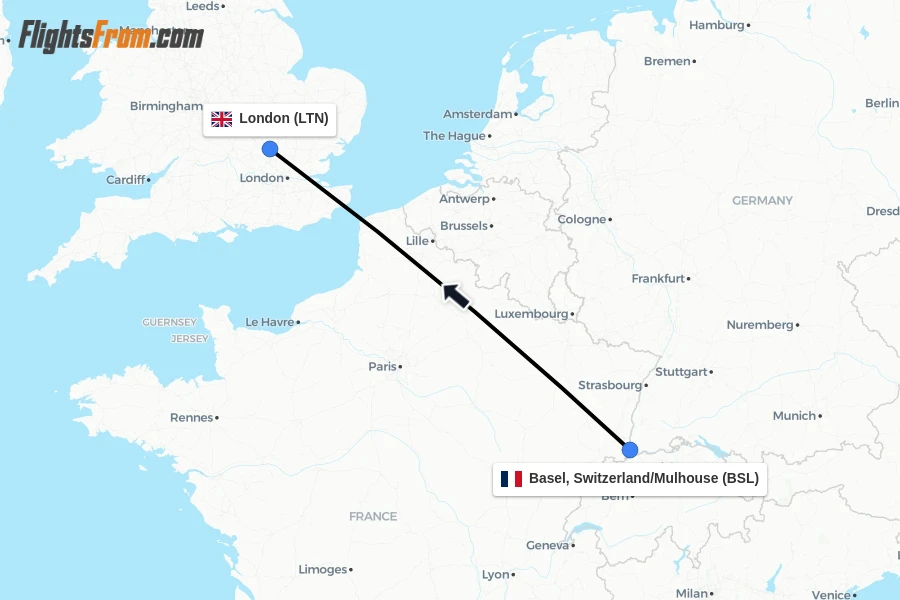Flights from Basel, Switzerland/Mulhouse to London route map