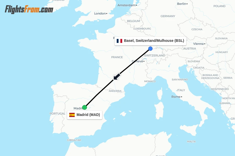 Flights from Basel, Switzerland/Mulhouse to Madrid route map
