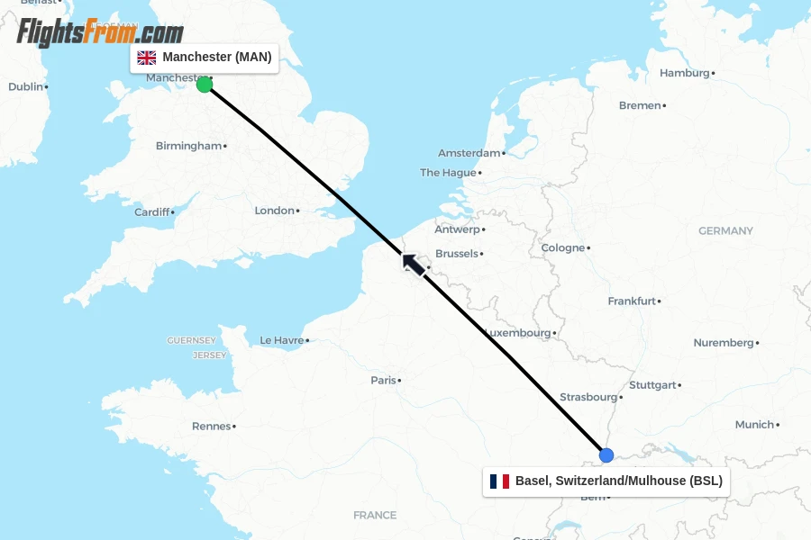 Flights from Basel, Switzerland/Mulhouse to Manchester route map