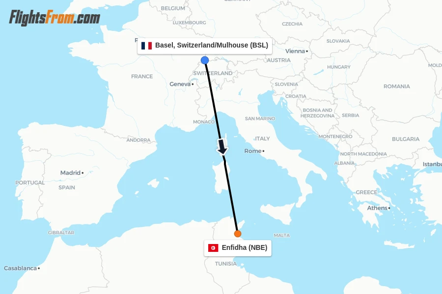 Flights from Basel, Switzerland/Mulhouse to Enfidha route map