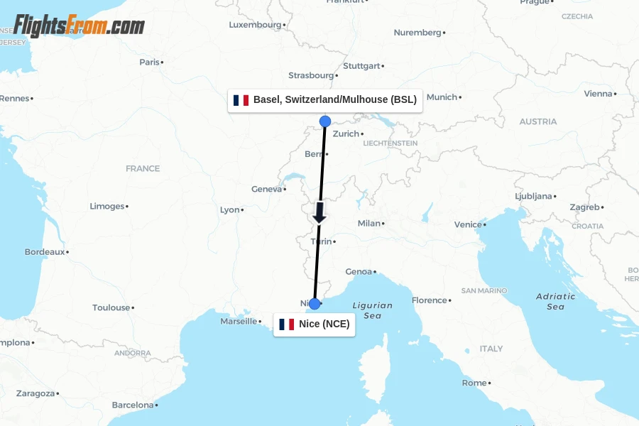 Flights from Basel, Switzerland/Mulhouse to Nice route map