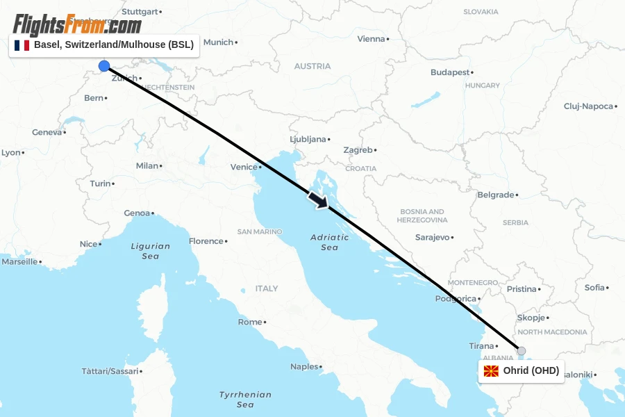 Flights from Basel, Switzerland/Mulhouse to Ohrid route map