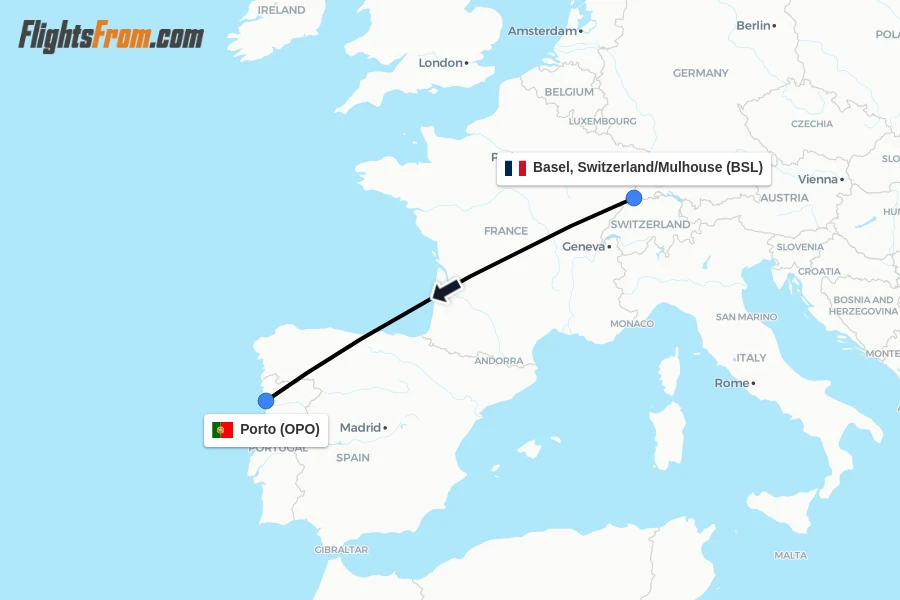 Flights from Basel, Switzerland/Mulhouse to Porto route map