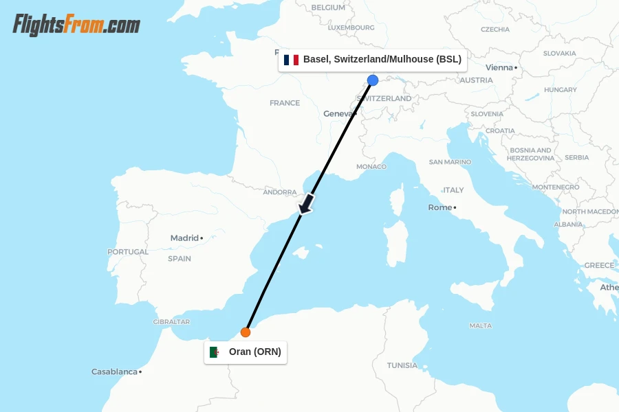 Flights from Basel, Switzerland/Mulhouse to Oran route map