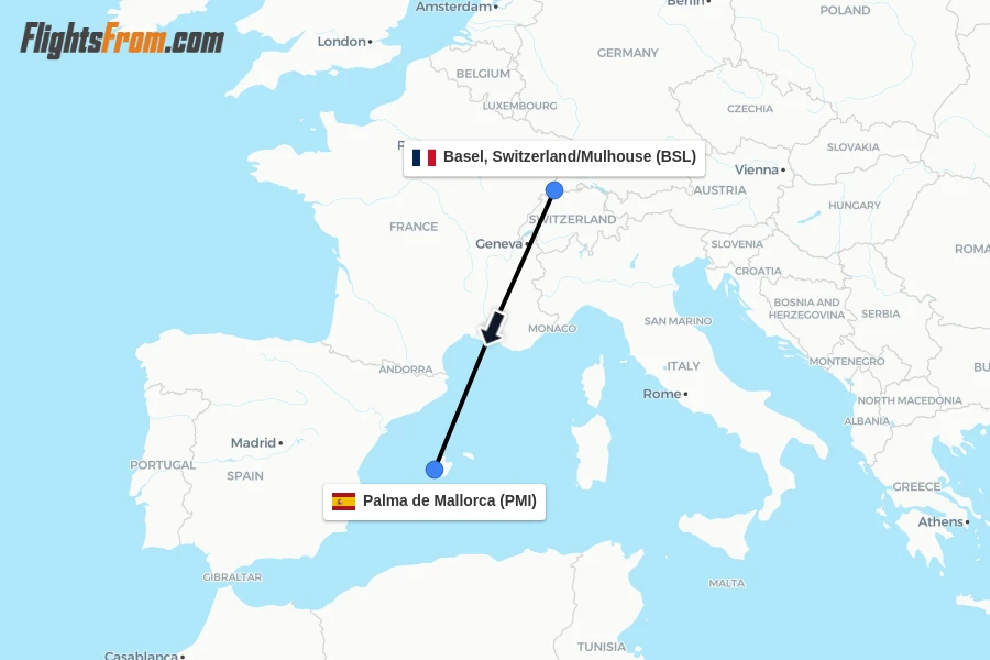 Flights from Basel, Switzerland/Mulhouse to Palma de Mallorca route map