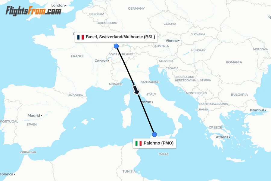 Flights from Basel, Switzerland/Mulhouse to Palermo route map