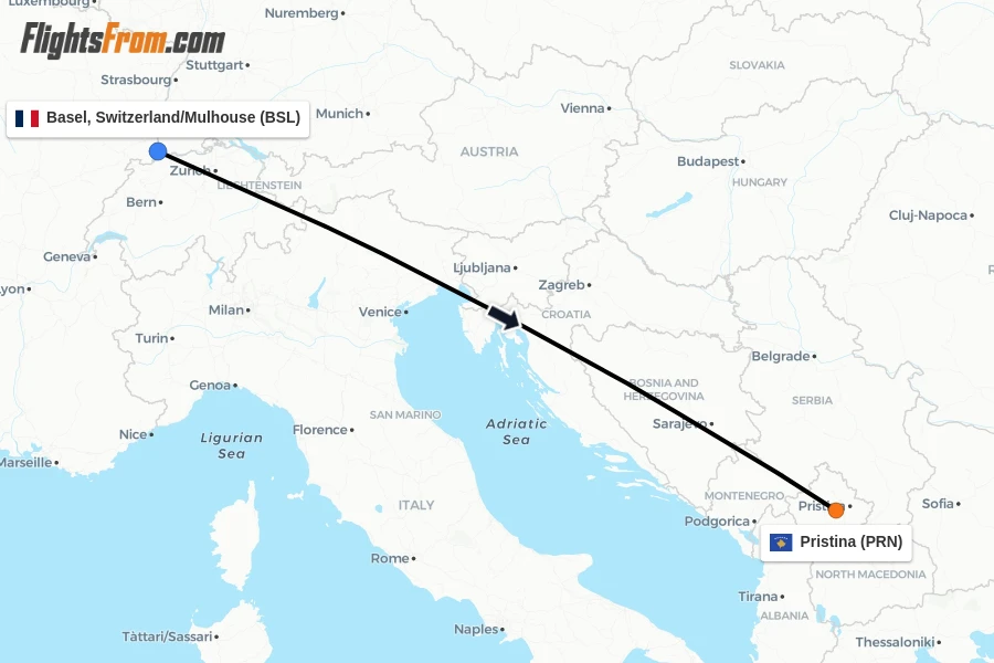 Flights from Basel, Switzerland/Mulhouse to Pristina route map