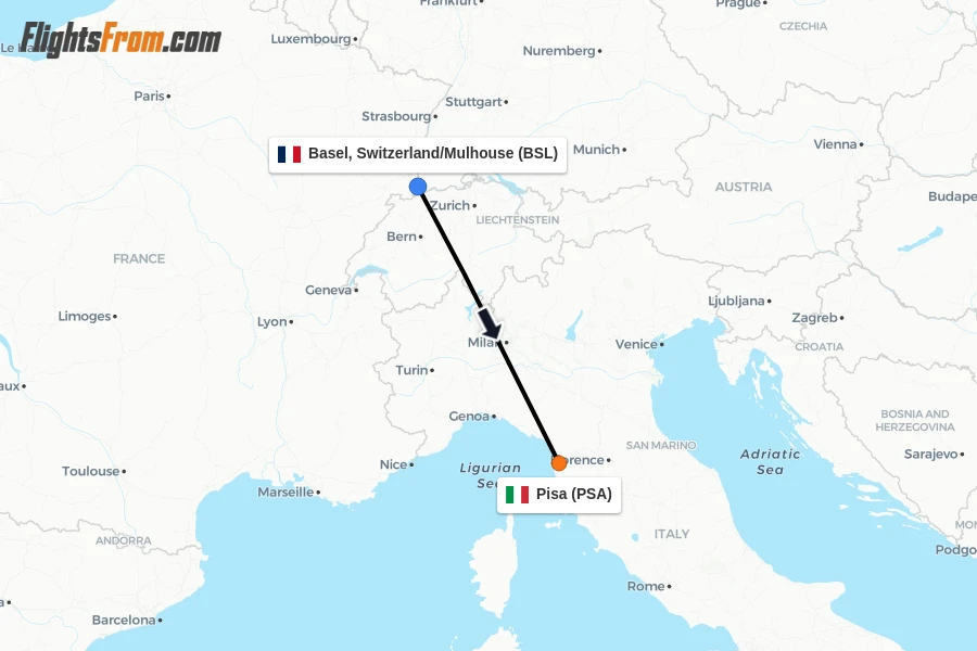 Flights from Basel, Switzerland/Mulhouse to Pisa route map