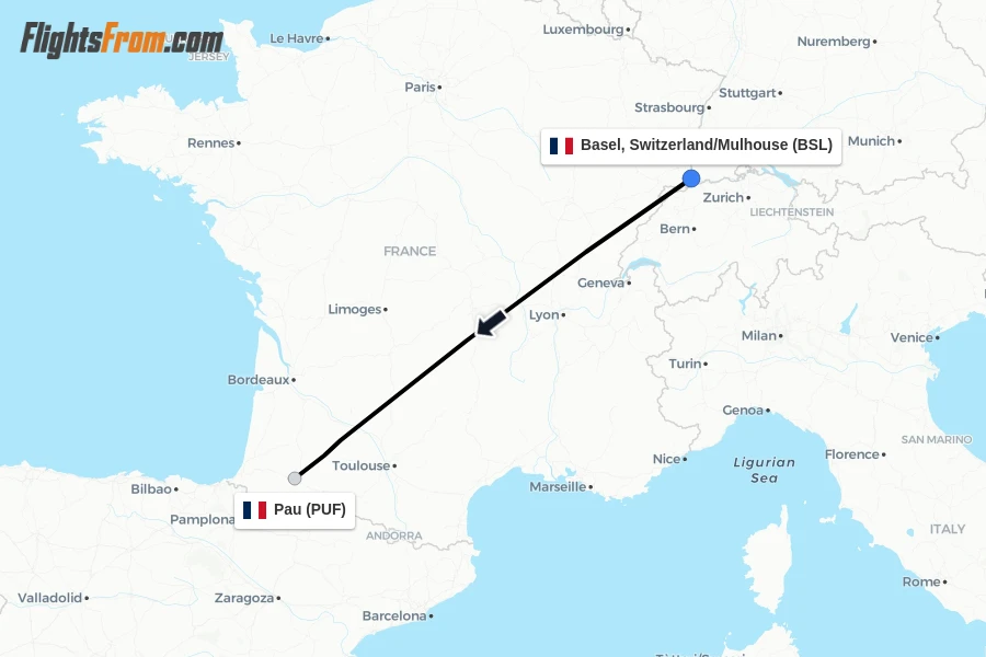 Flights from Basel, Switzerland/Mulhouse to Pau route map
