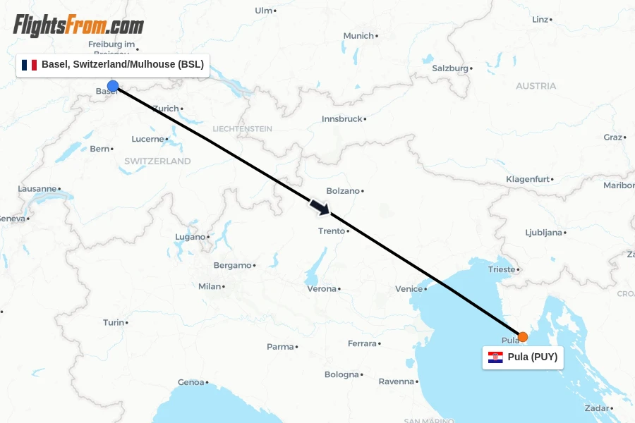Flights from Basel, Switzerland/Mulhouse to Pula route map