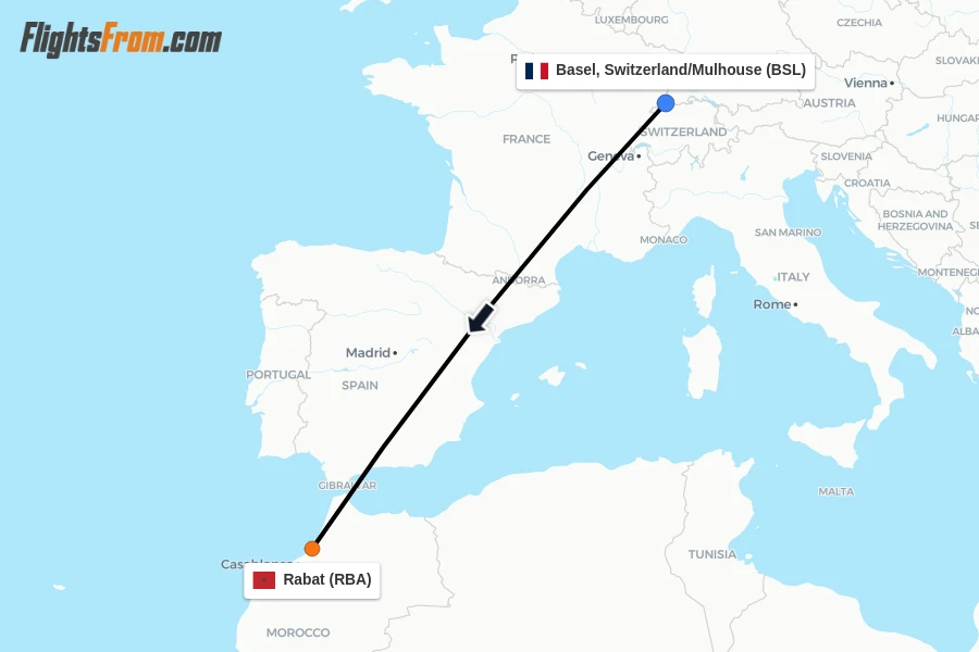 Flights from Basel, Switzerland/Mulhouse to Rabat route map