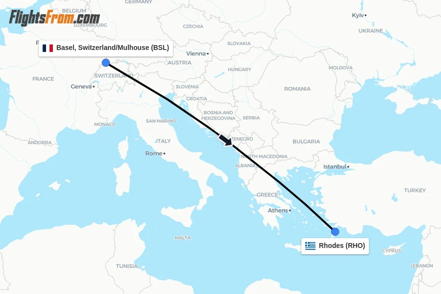 Flights from Basel, Switzerland/Mulhouse to Rhodes route map