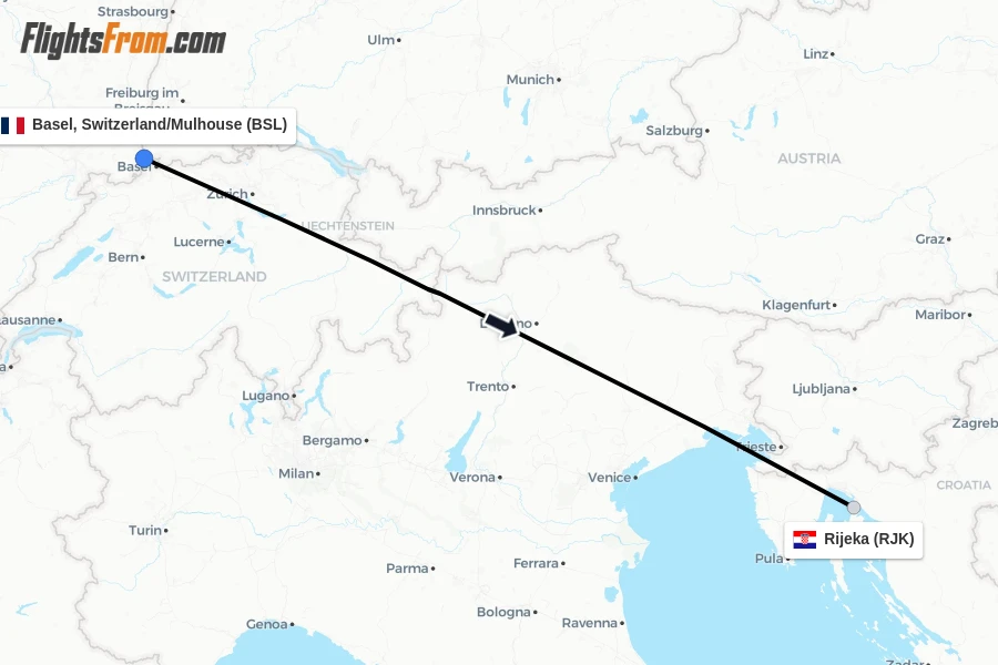 Flights from Basel, Switzerland/Mulhouse to Rijeka route map