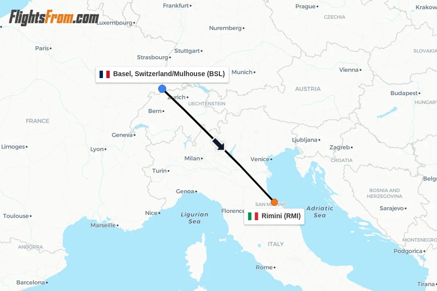Flights from Basel, Switzerland/Mulhouse to Rimini route map