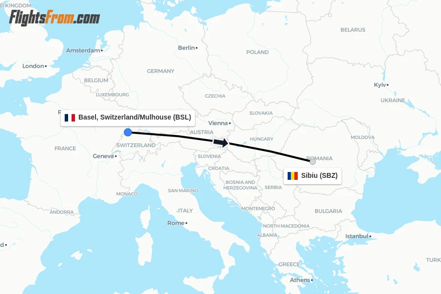 Flights from Basel, Switzerland/Mulhouse to Sibiu route map