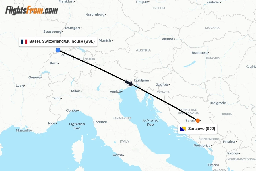 Flights from Basel, Switzerland/Mulhouse to Sarajevo route map