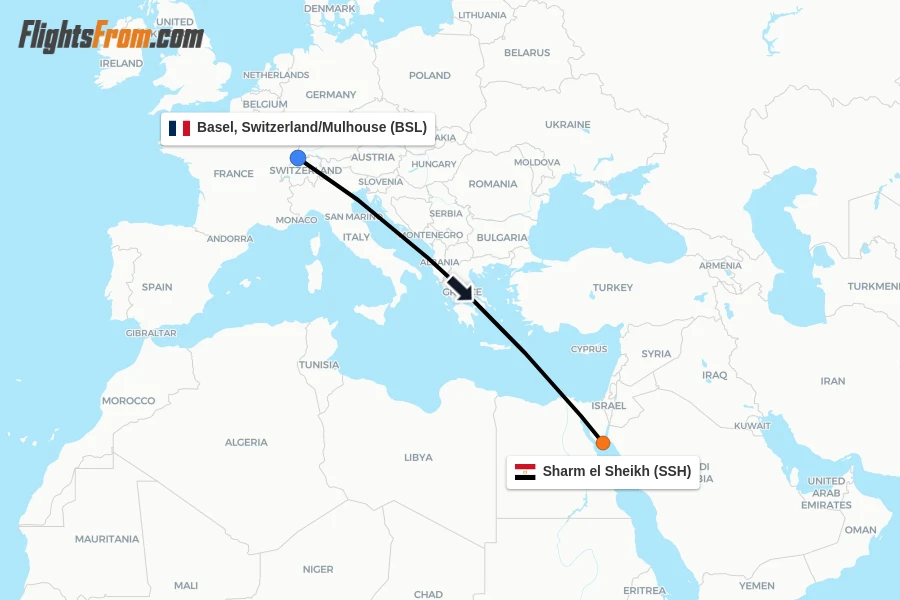 Flights from Basel, Switzerland/Mulhouse to Sharm el Sheikh route map