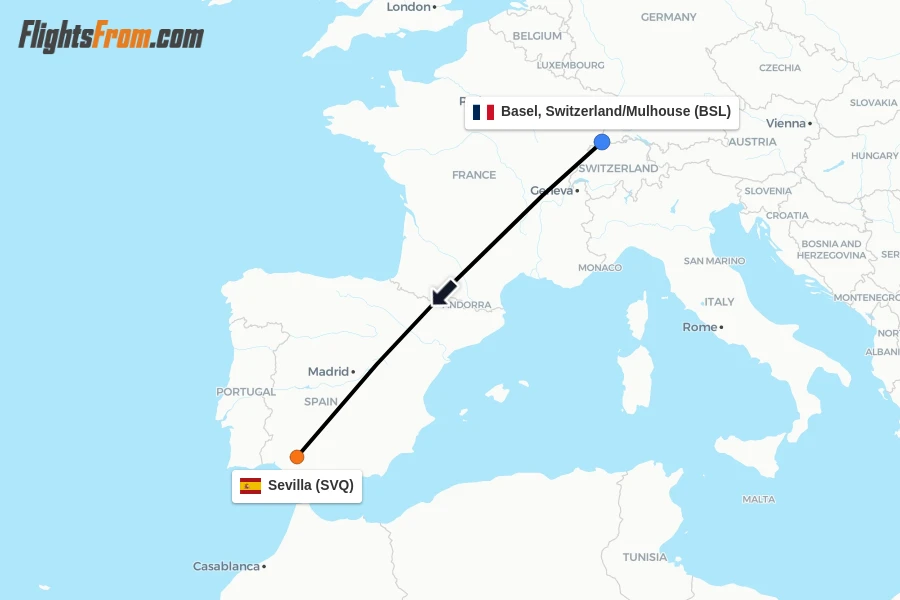 Flights from Basel, Switzerland/Mulhouse to Sevilla route map