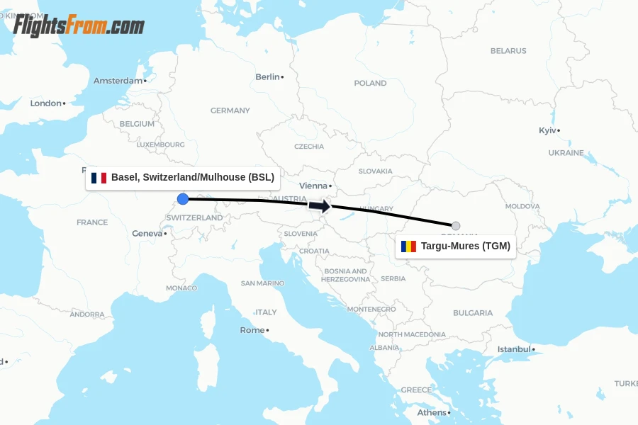 Flights from Basel, Switzerland/Mulhouse to Targu-Mures route map