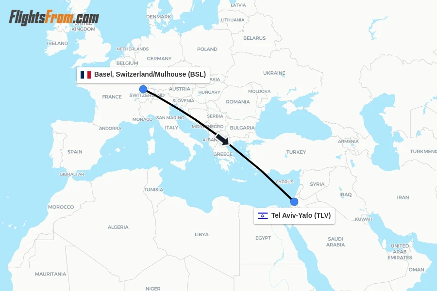 Flights from Basel, Switzerland/Mulhouse to Tel Aviv-Yafo route map