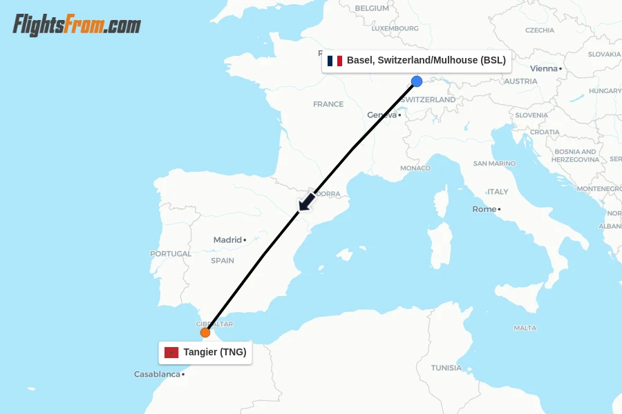Flights from Basel, Switzerland/Mulhouse to Tangier route map