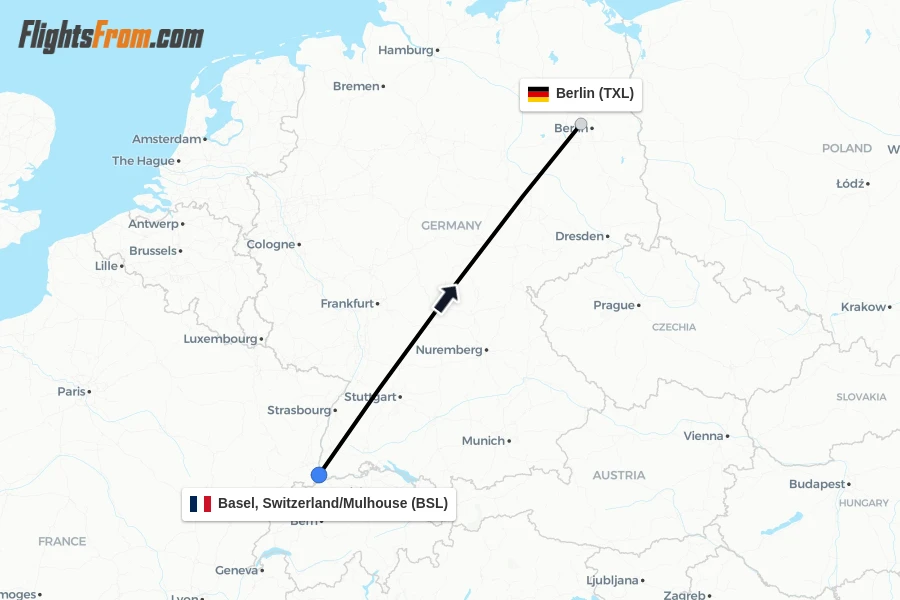 Flights from Basel, Switzerland/Mulhouse to Berlin route map